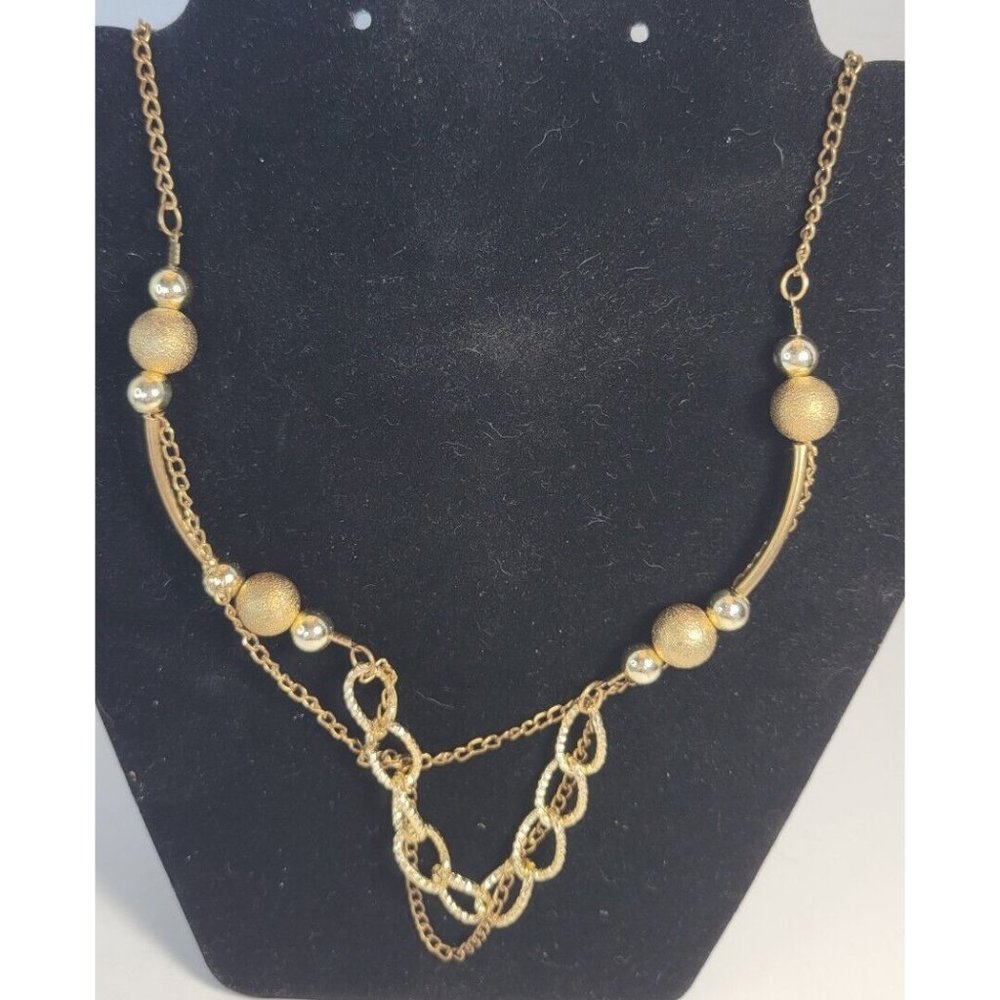 Gold tone bar and bead necklace, shiny beads and Glittery beads, 28 in, Goldtone